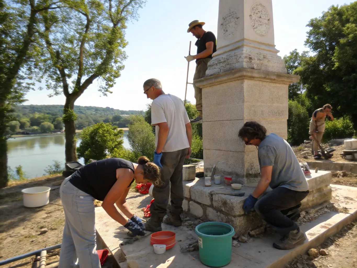 A picturesque image of volunteers restoring an ancient stone building in Saint Andiol, showcasing the association's commitment to preserving local historical sites.