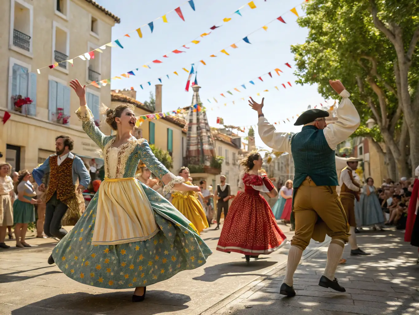A lively scene from a Provençal festival, featuring traditional music, dance, and costumes, capturing the spirit of the association's cultural events.